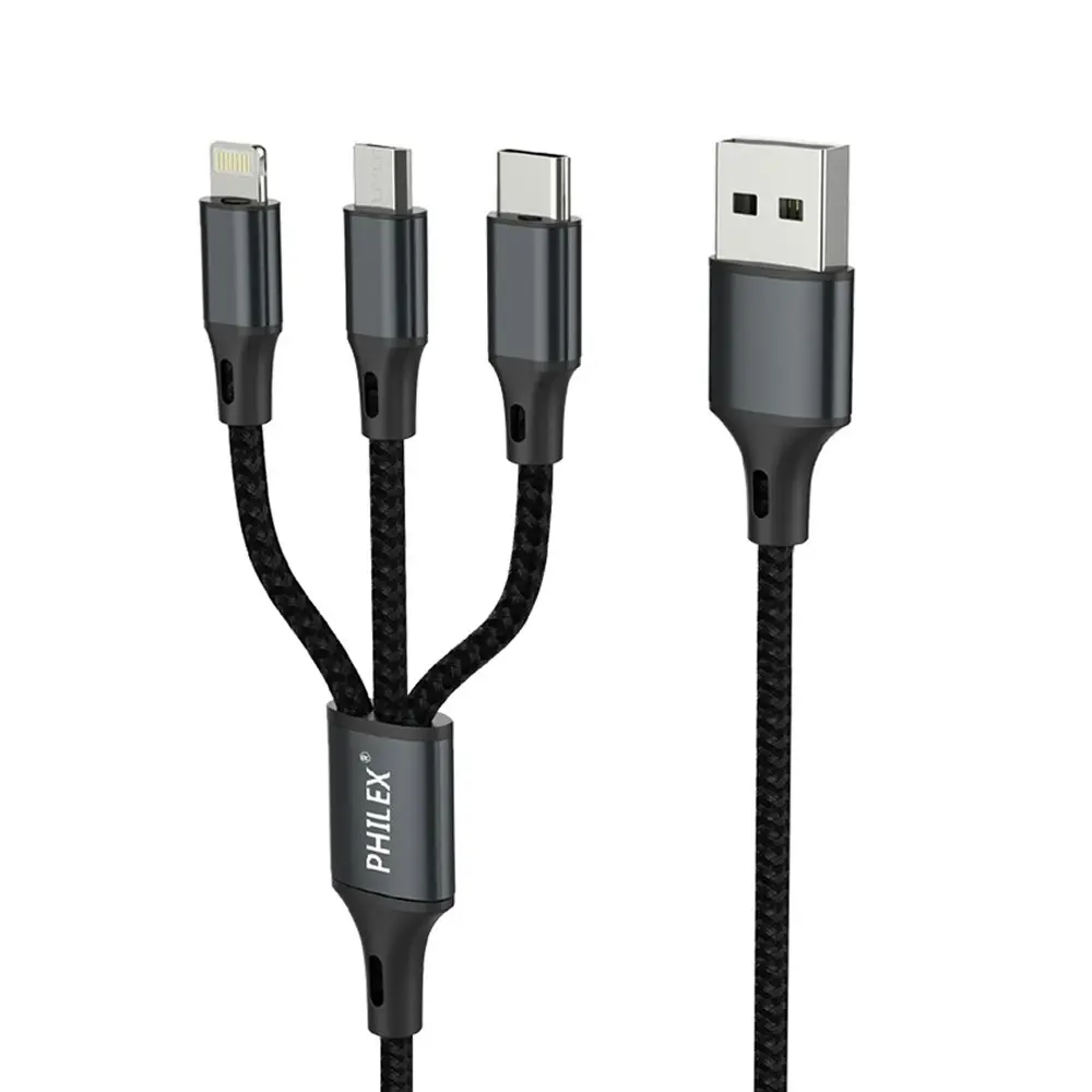 Philex 3 In 1 1.2m 8 Pin/Micro/USB C Charging Cable for iPhone/Samsung Black - Electronics