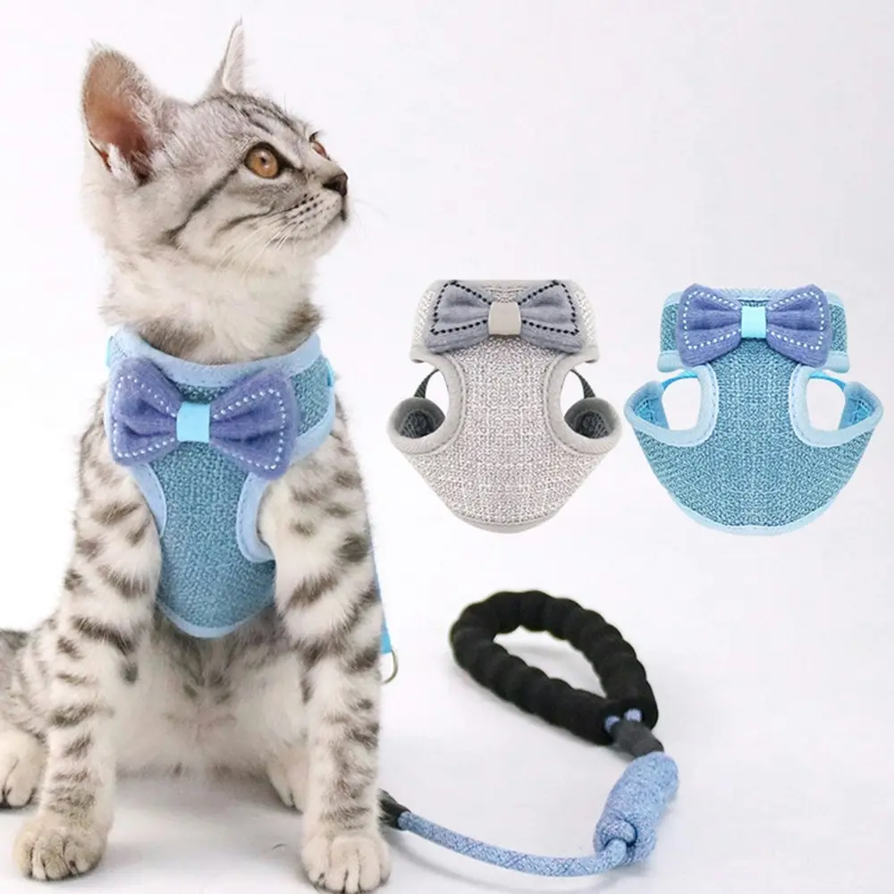 2 Pack Bow Tie Adjustable Pet Mesh Vest Harness and Leash Set for Cats - Pets