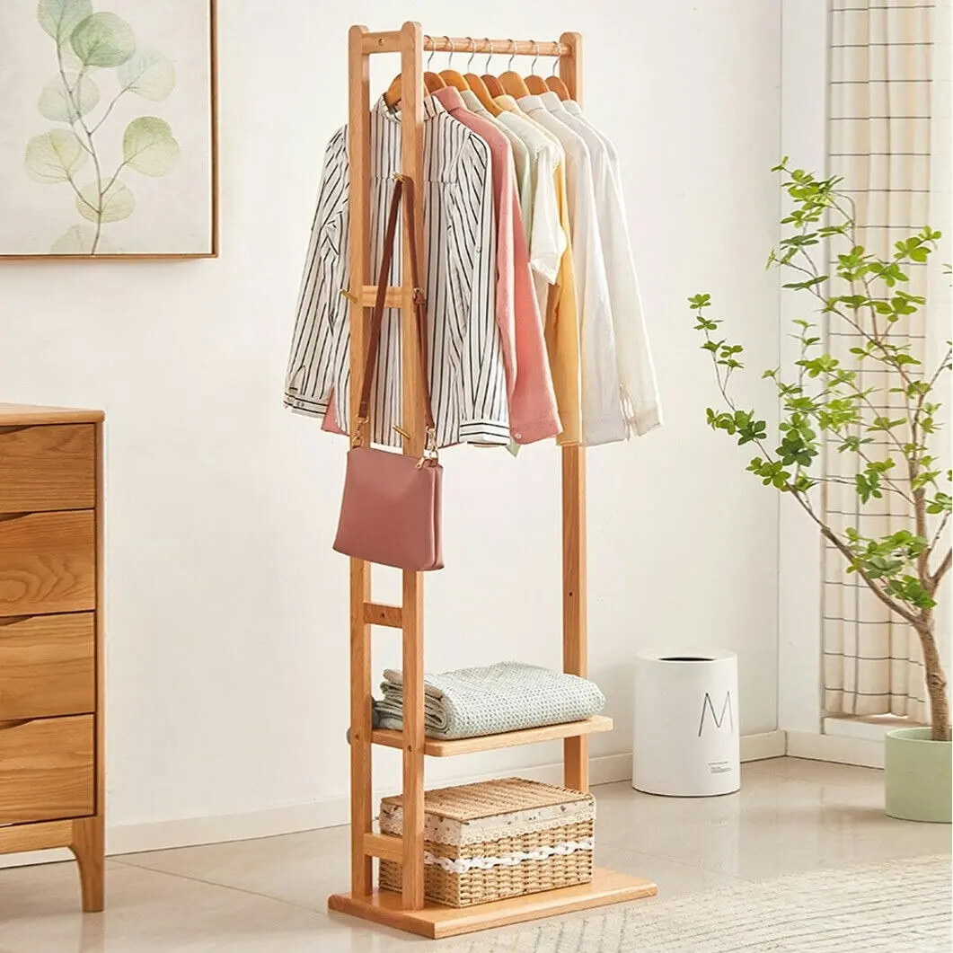 Fin Sustainable Bamboo Coat Rack Freestanding With 2 Storage Shelf Bedroom Corner - Home & Garden