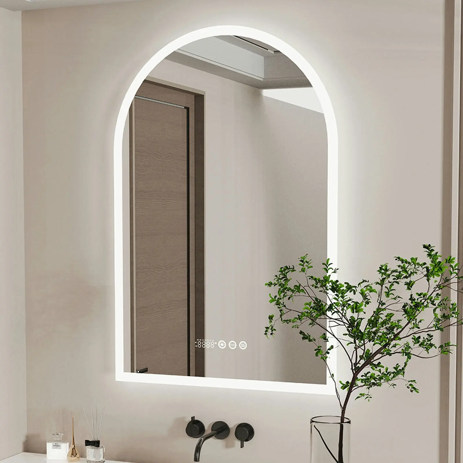 Fin Intelligent Arch Led Bathroom Makeup Mirror Anti Fog W/ Time Temperature Display - Home & Garden