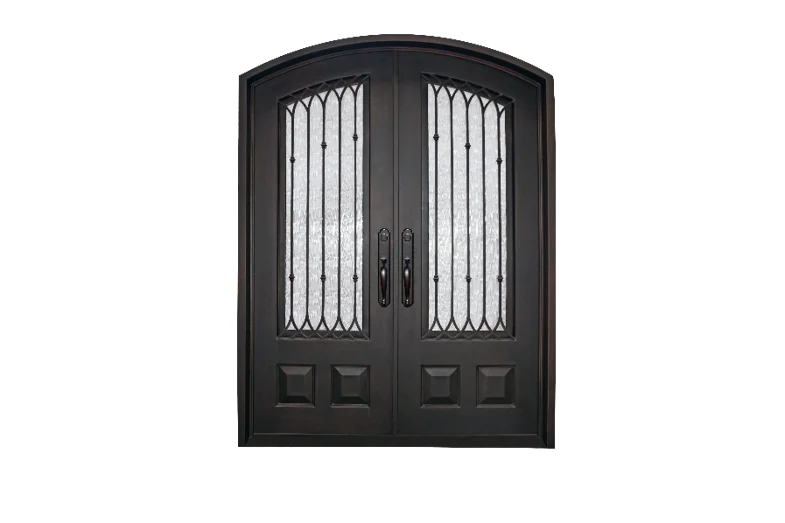 72 in x 96 in, 3/4 View, Wrought Iron, Iglesia Double, Flemish + Low E, Square Top, Aged Bronze Patina, Inswing, Double Exterior Prehung Door, Left Hand, Aged Bronze Patina Hinges - Iron Envy
