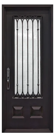 36 in x 80 in, 3/4 View, Wrought Iron, Iglesia Single, Flemish + Low E, Square Top, Aged Bronze Patina, Inswing, Exterior Prehung Door, Right Hand, Aged Bronze Patina Hinges - Iron Envy