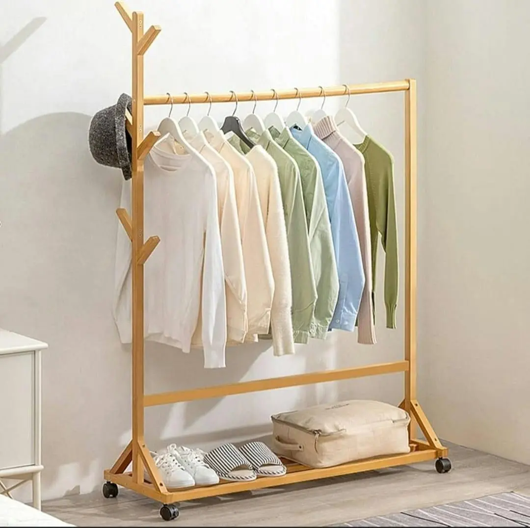 Versatile Bamboo Garment Rack with Rotatable Castors - Home & Garden