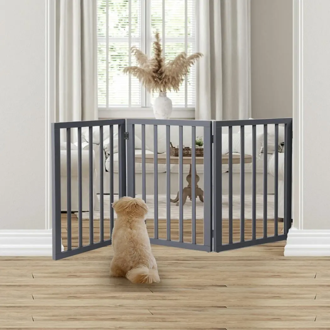 Wooden Pet Gate Dog Fence Retractable Barrier Portable Door 3 Panel Grey - Pets