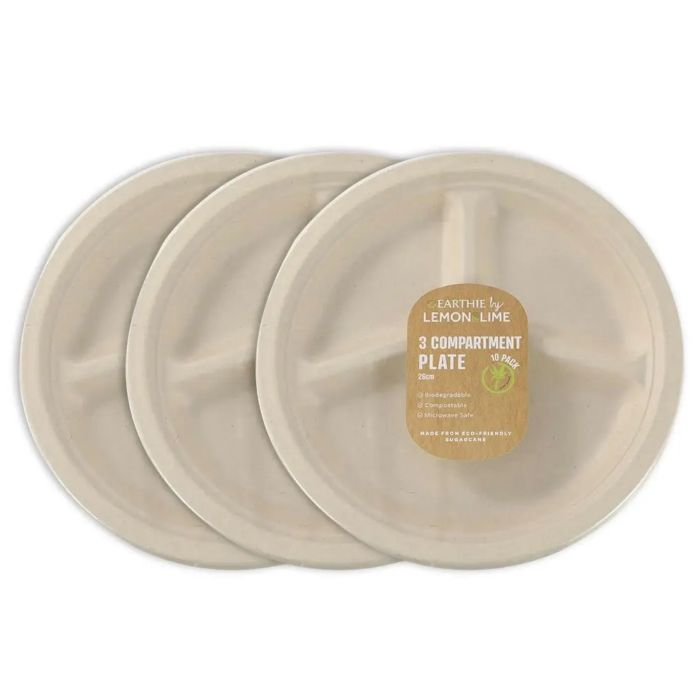 30pc Lemon & Lime Eco Sugarcane 26cm Disposable Round Dinner Food Plate Natural - Hobbies