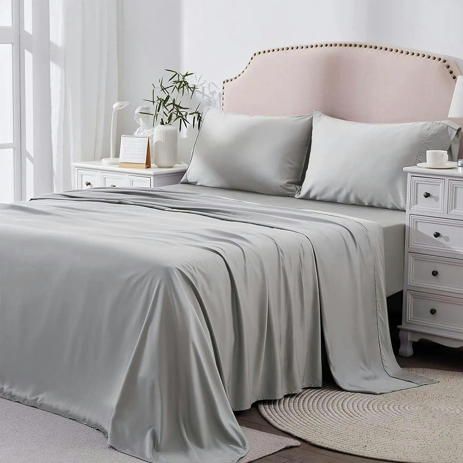 4 Piece Super King Bed Sheet Set 2000TC Bedding Sheets Pillowcases Breathable Wrinkle Fade Stain Resistant Deep Pocket Silver Gray - Home & Garden