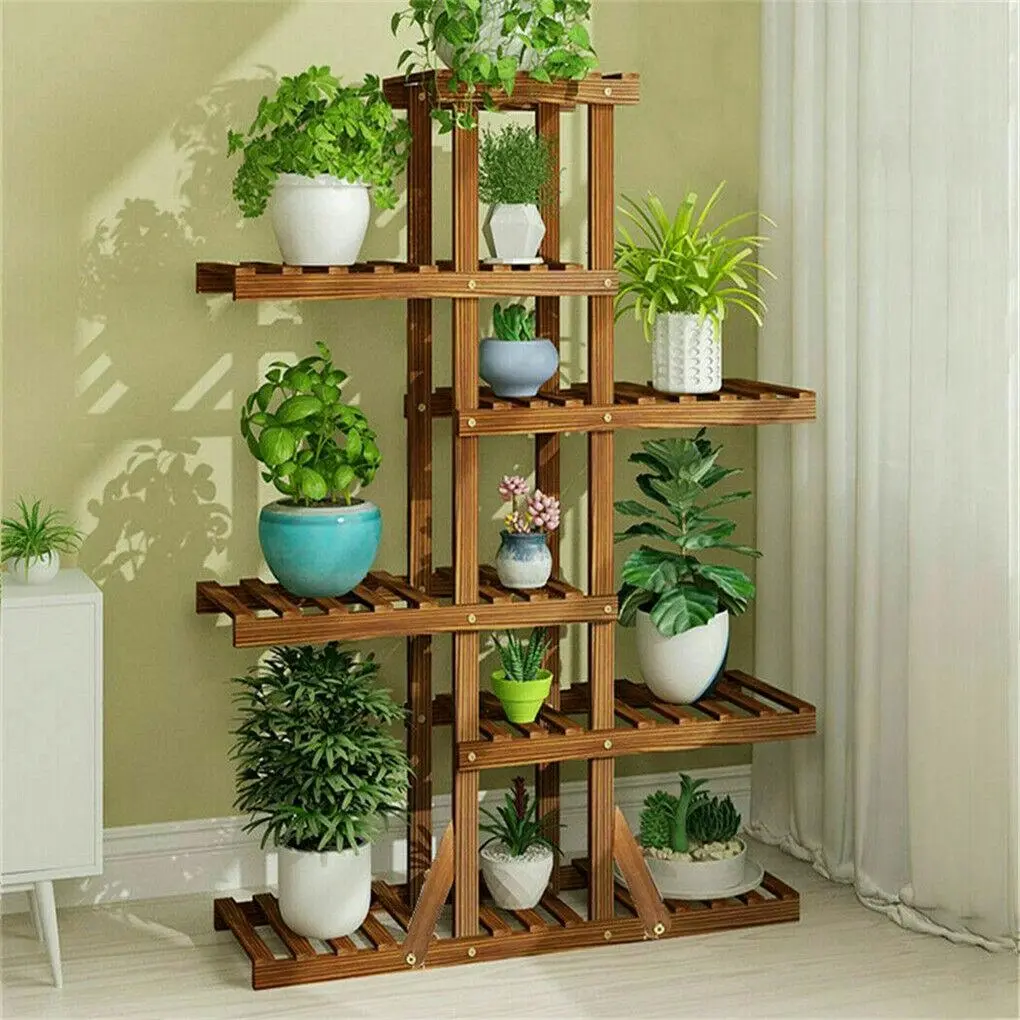 Fin Sturdy Wood Plant Stand High Low Shelves Flower Rack Display For Indoor Outdoor - Home & Garden