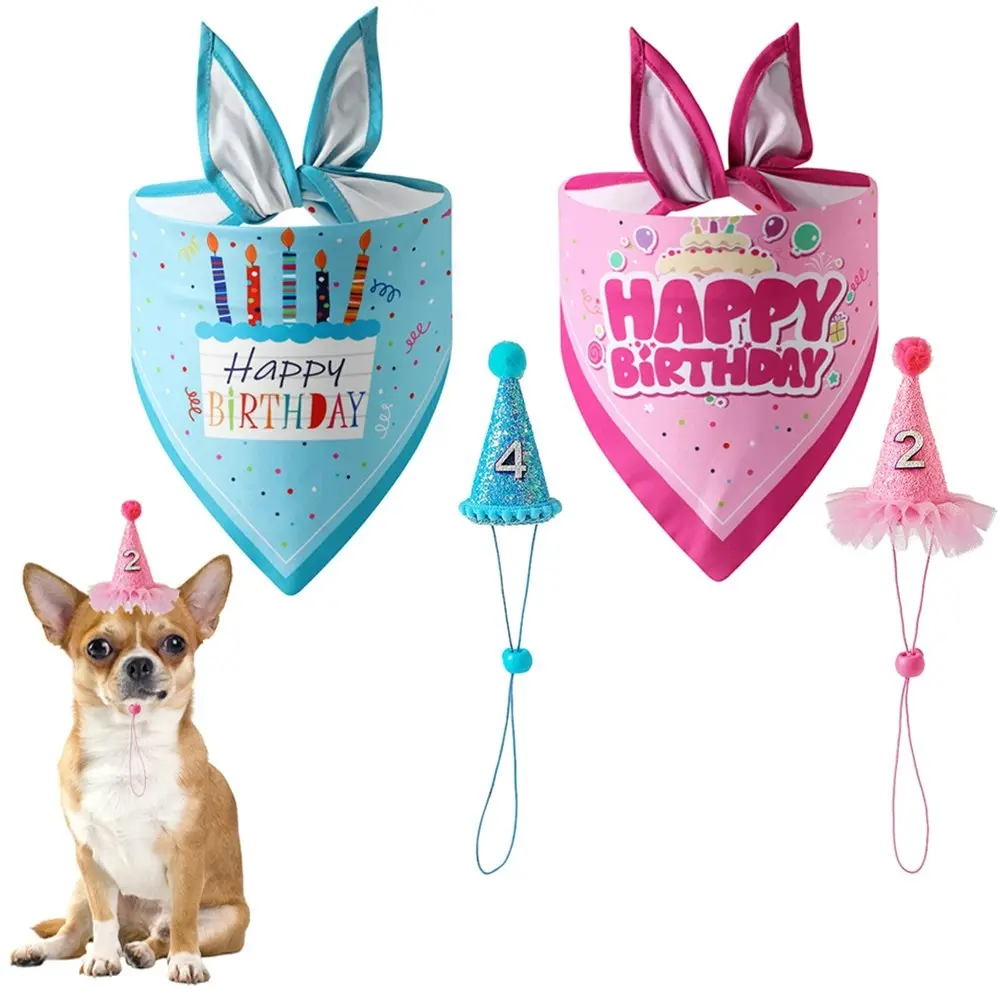 2 Piece Set Dog Birthday Bandana Hat Set Happy Birthday Triangle Scarf for Dog - Pets