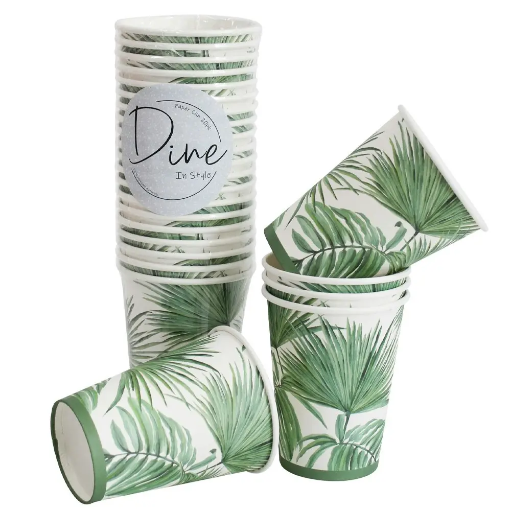 60pc Round 11cm Disposable Paper Cup Dinner Party Drinkware Tropics Trees Green - Hobbies