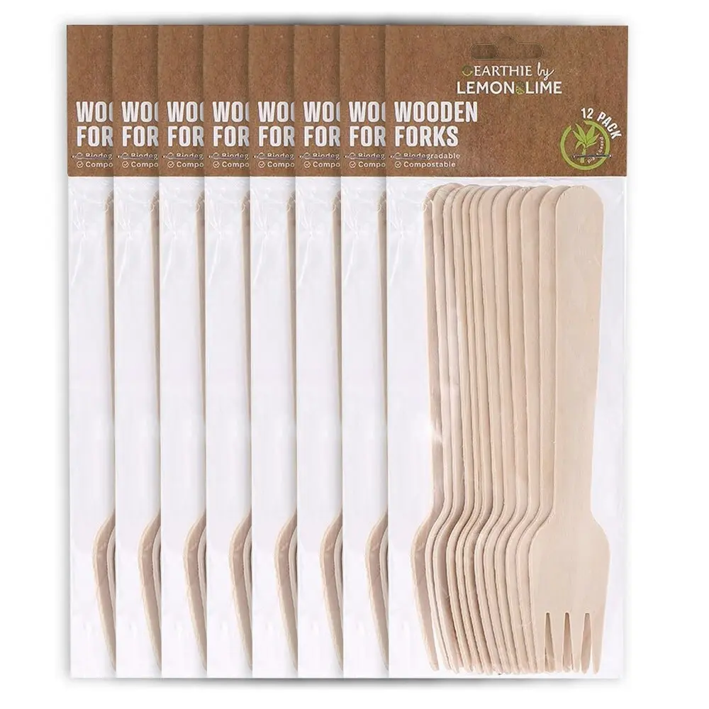 96pc Lemon & Lime Eco 15.5cm Disposable Dinner Wooden Forks Cutlery Catering - Hobbies