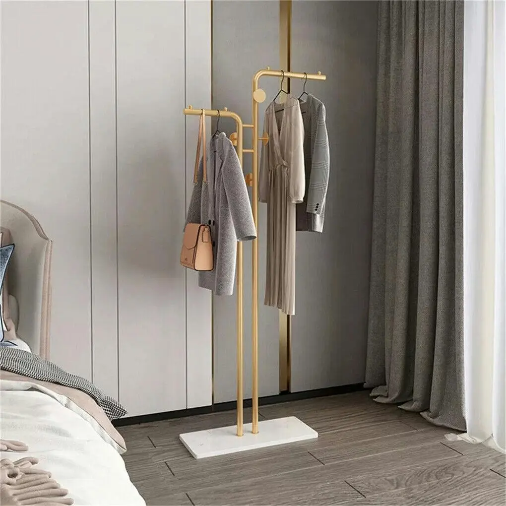 Fin Gold Double-Pole Coat Rack Sturdy Marble Base Stand Freestanding Hall Tree Whook