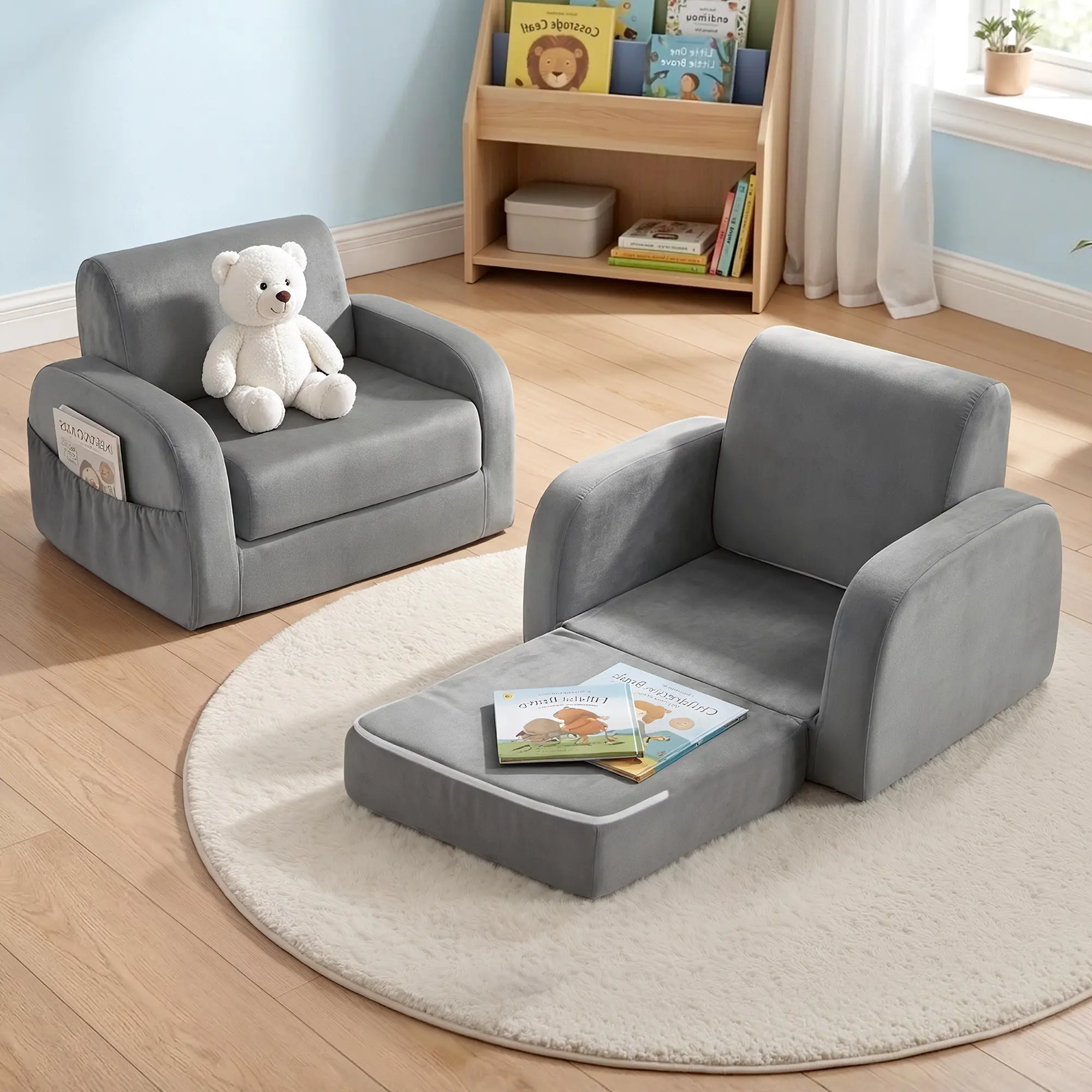 Keezi Kids Sofa 1 Seater Children Flip Open Couch Lounger Armchair Soft Grey - Furniture