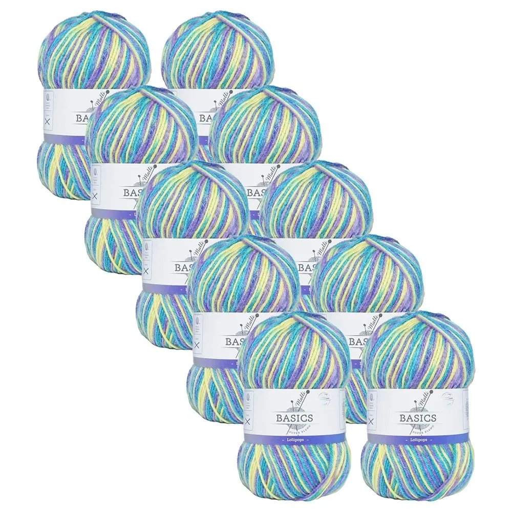 10x Malli Blend Basic Multi Colour 100g Acrylic/Polyester Yarn Knit Lollipops - Hobbies
