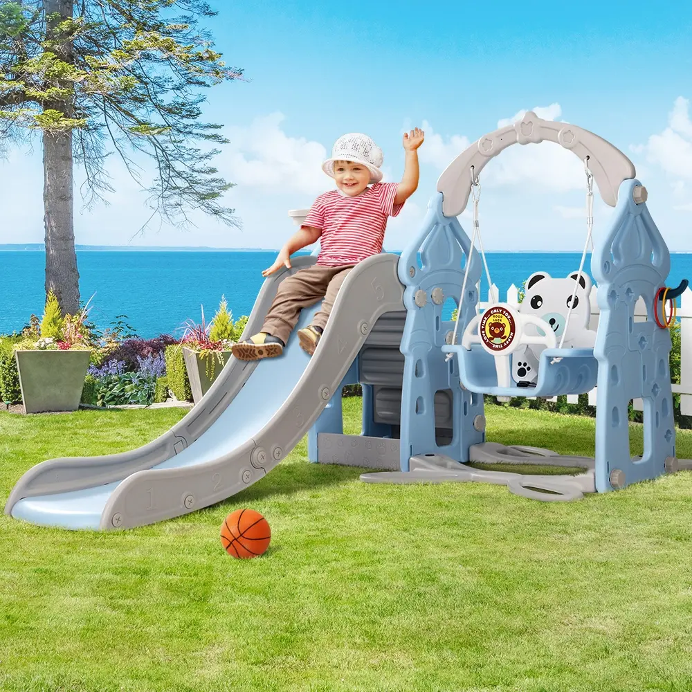 Keezi Kids Slide Swing Set Basketball Hoop Rings Outdoor Playground 170cm Blue - Toys & Games