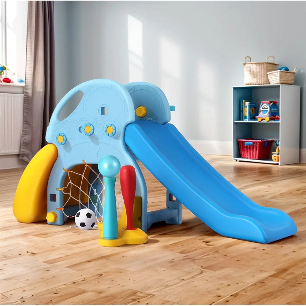 Keezi Kids Slide Set Baseball Bat Basketball Hoop Outdoor Playground 120cm Blue - Toys & Games