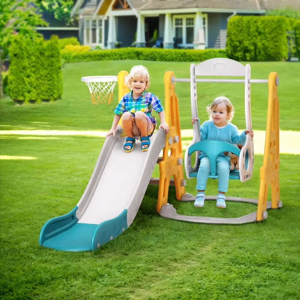 Keezi Kids Slide Swing Set Basketball Outdoor Toys Adjustable Height 140cm Green - Toys & Games