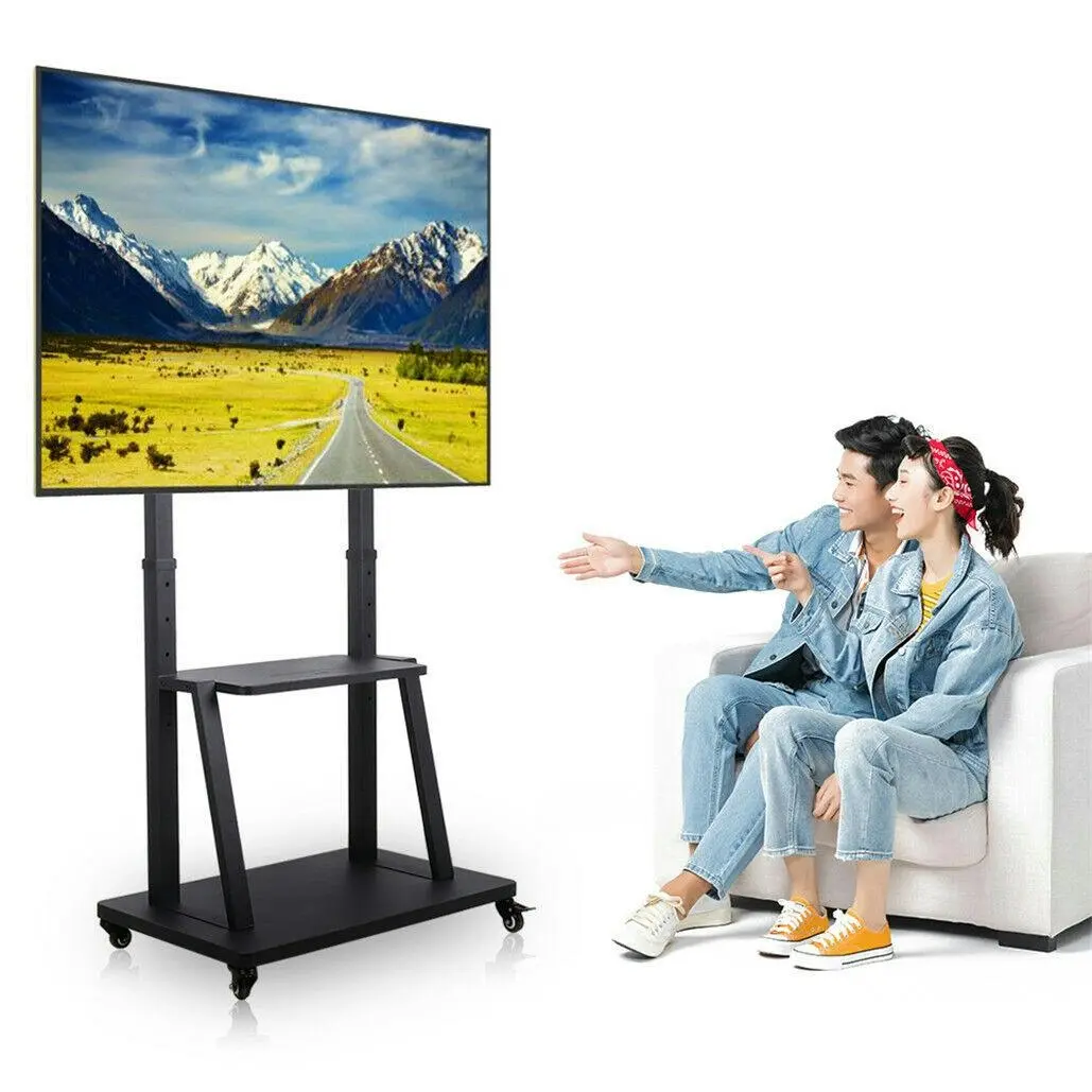 Height-adjustable TV cart with heavy-duty floor stand.