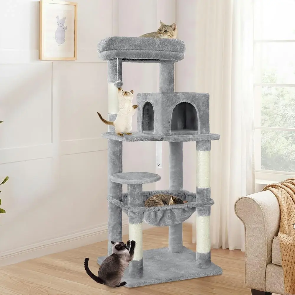 BEASTIE Cat Tree 143cm Light Grey with Hammock Scratching Post - Pets