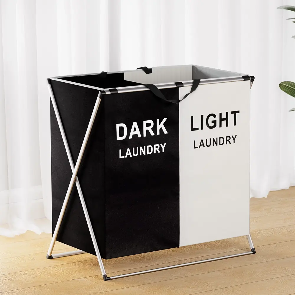Artiss Laundry Basket Hamper Large Foldable Washing Clothes Storage 2 Sections - Home & Garden