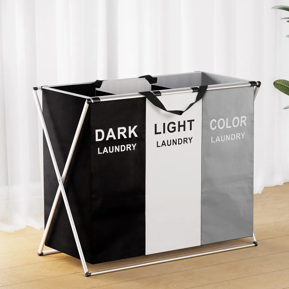 Artiss Laundry Basket Hamper Large Foldable Washing Clothes Storage 3 Sections - Home & Garden