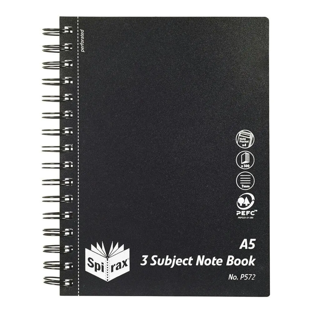 Spirax Black Cover A5 3 Subject 300 Pages Notebook Office/School Stationery BLK - Back to School Specials