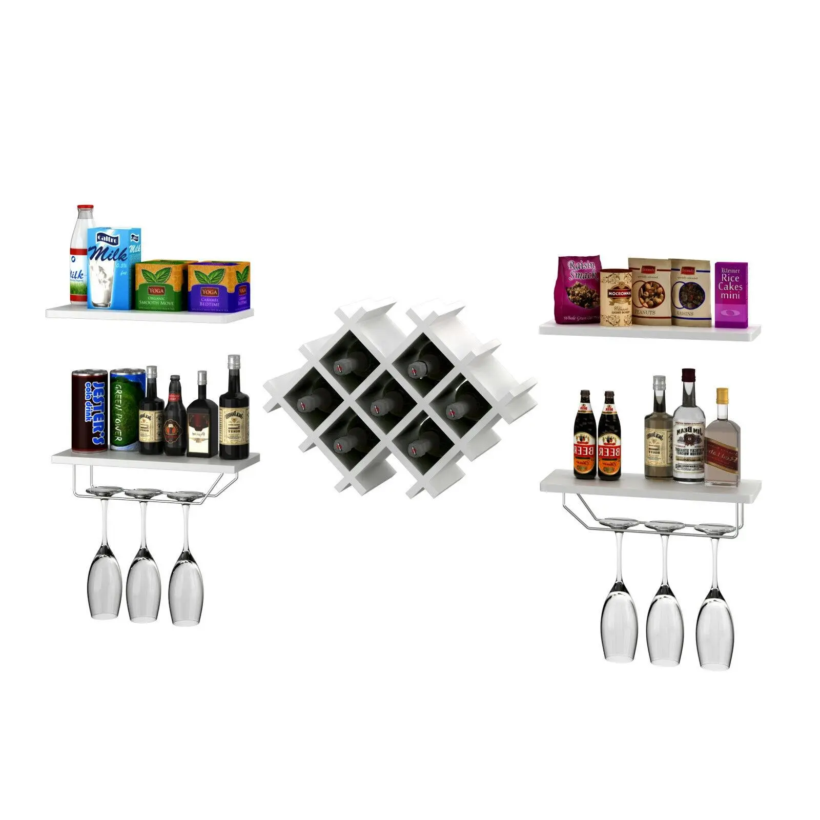 5-Piece Wall-Mounted Wine Rack with Storage and Glass Holder