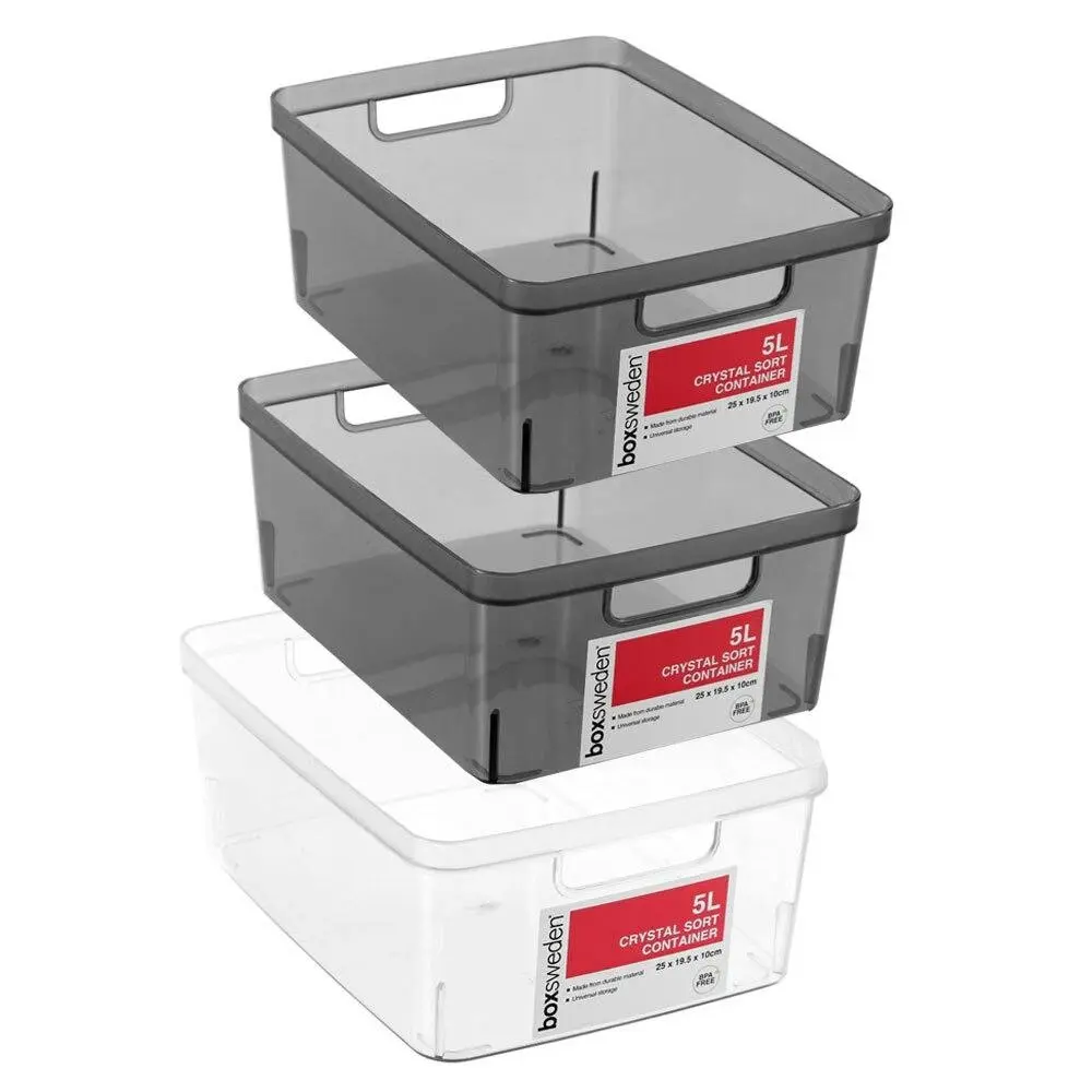 3PK Boxsweden Crystal 5L Sort Container 25cm w/ Handle Storage Organiser Asst. - Home & Garden