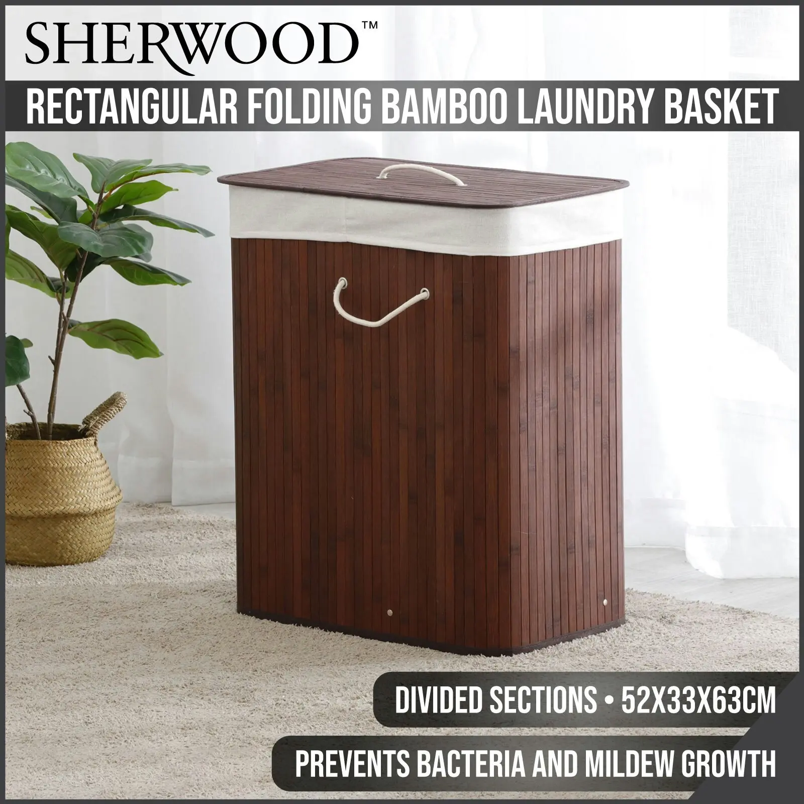 Sherwood Home Rectangular Folding Bamboo Laundry Basket 2 Section Sorter Brown 105L - Home & Garden