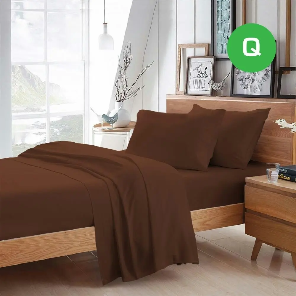 Queen Size Chocolate Color Poly Cotton Fitted Sheet Flat Sheet Pillowcase Sheet Set - Home & Garden