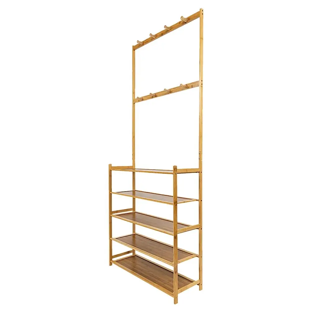 5-Tier Wooden Coat Rack with Shelf and Shoe Storage