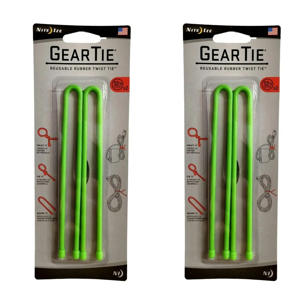 4pc Nite Ize 12In Gear Tie Rubber Twist Reusable Cable Wire Cord Organiser Lime - Sports & Outdoor