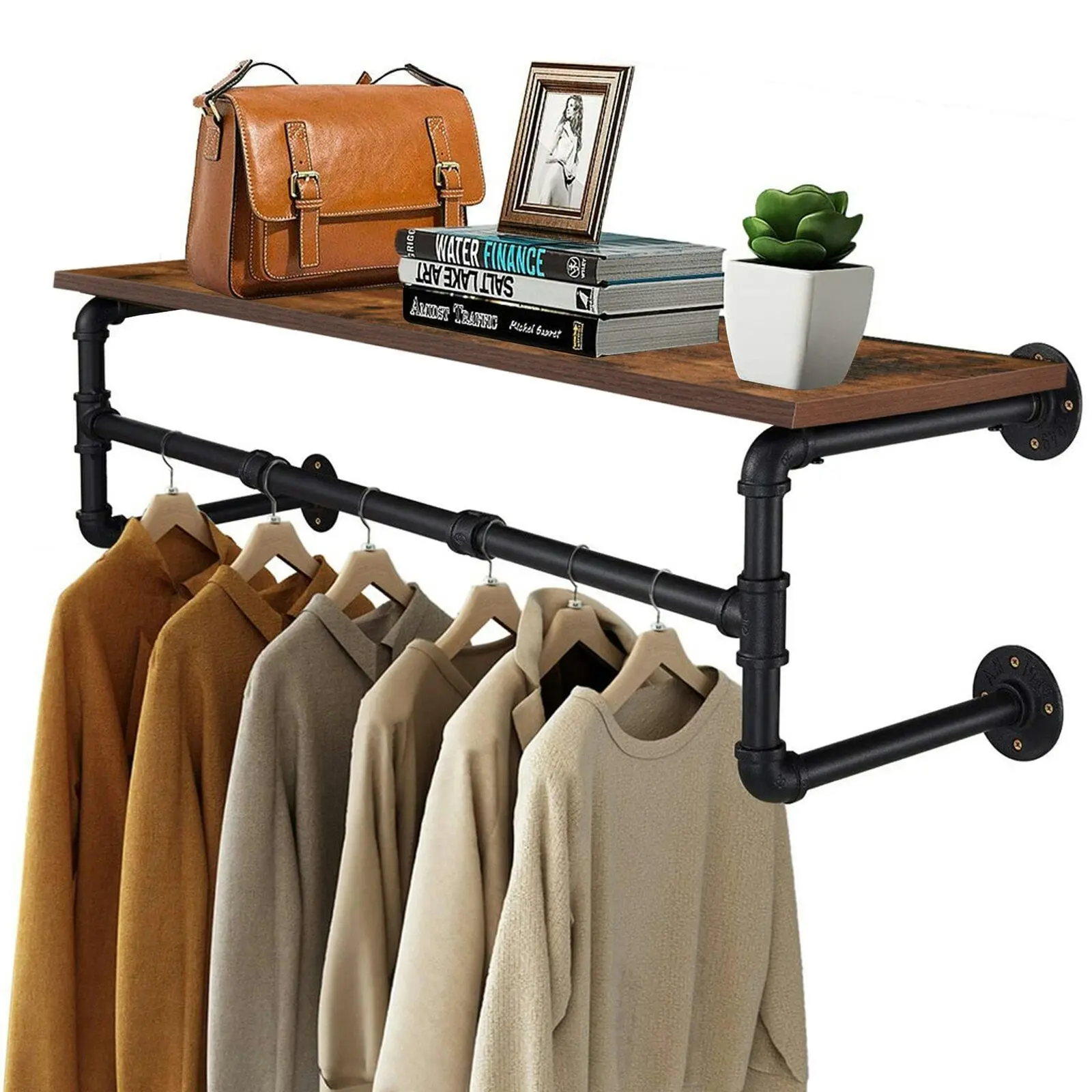 Wall-mounted garment rack with top shelf and industrial pipe.