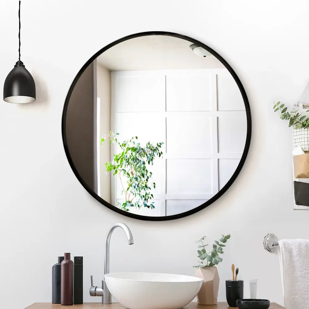 Embellir Wall Mirror Makeup 70cm Home Decor Framed Mirrors Bathroom Round Black - Home & Garden