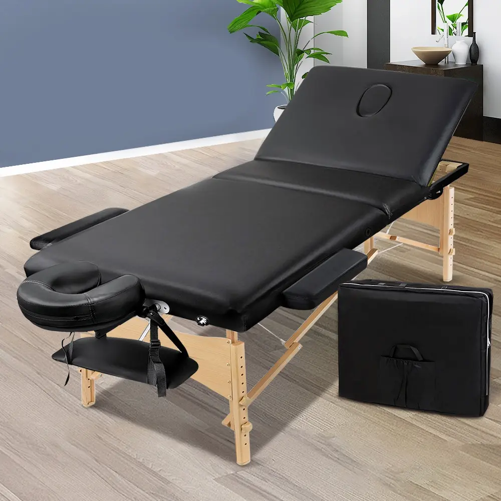 Zenses Massage Table 75cm Portable 3 Fold Wooden Beauty Bed Black - Health