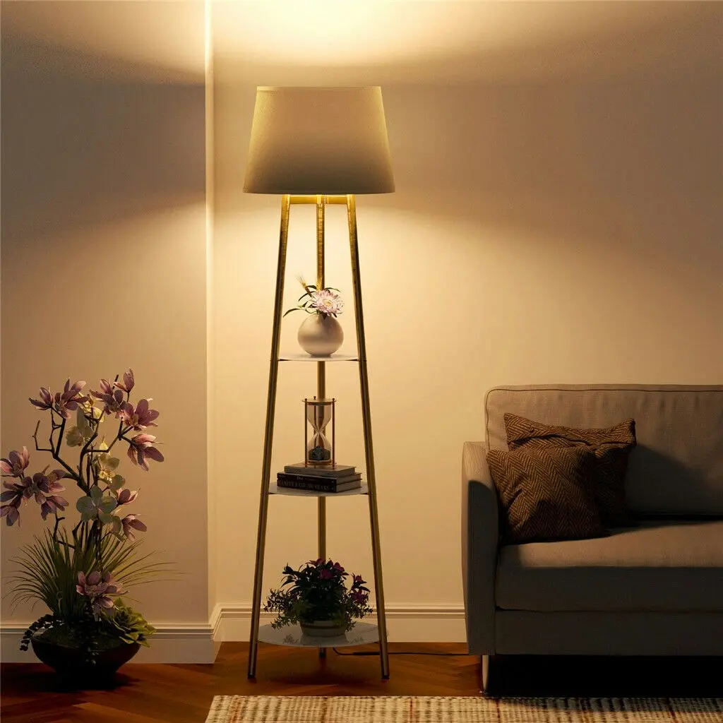Fin Tall Tripod Floor Lamp Led Corner Floor Lamp Lounge Reading Light Storage Shelf - Home & Garden