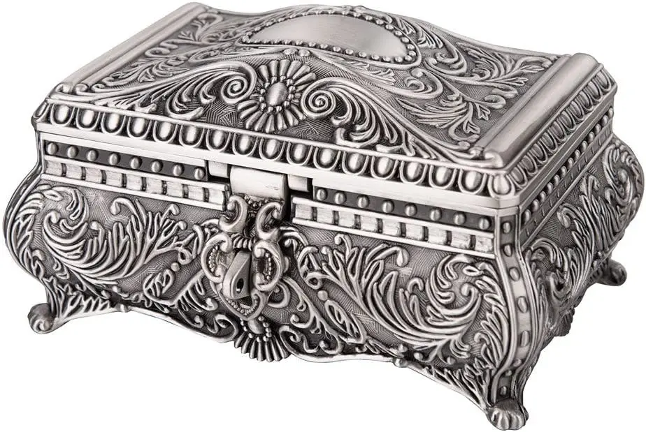Antique Trinket Box Rectangle with Metallic Floral Engraved with Dividers Inside (Large) - Furniture