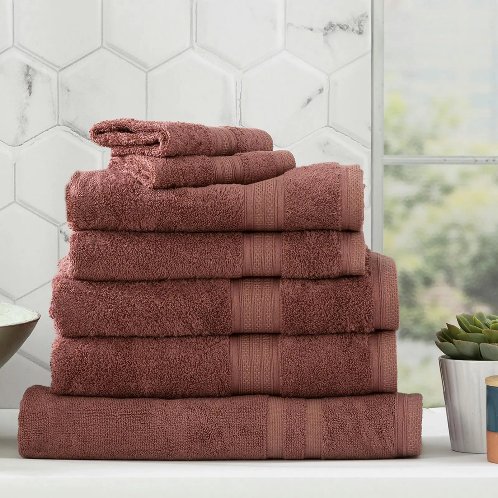 7pc Renee Taylor Stella Hand/Bath Towel/Mat Set Soft Bamboo Cotton 650 GSM Brick - Home & Garden