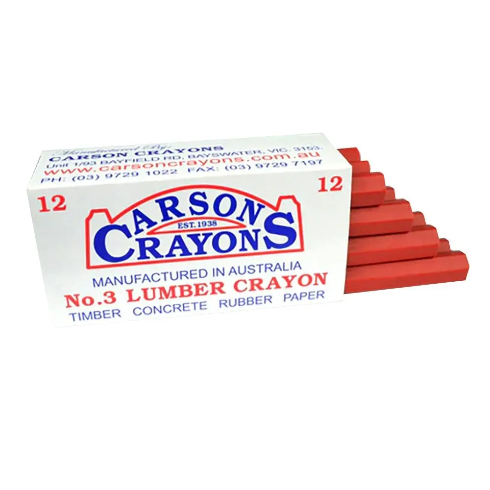 12x CARSON No.3 Timber/Concrete/Rubber/Paper Builders Marking Crayons Red - Hardware