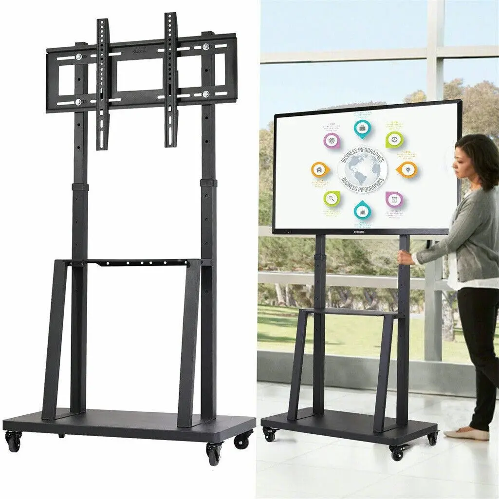Fin Adjustable Tv Cart Floor Stand Mount Rolling Trolley For 32- 100'' Tv W/ Wheels
