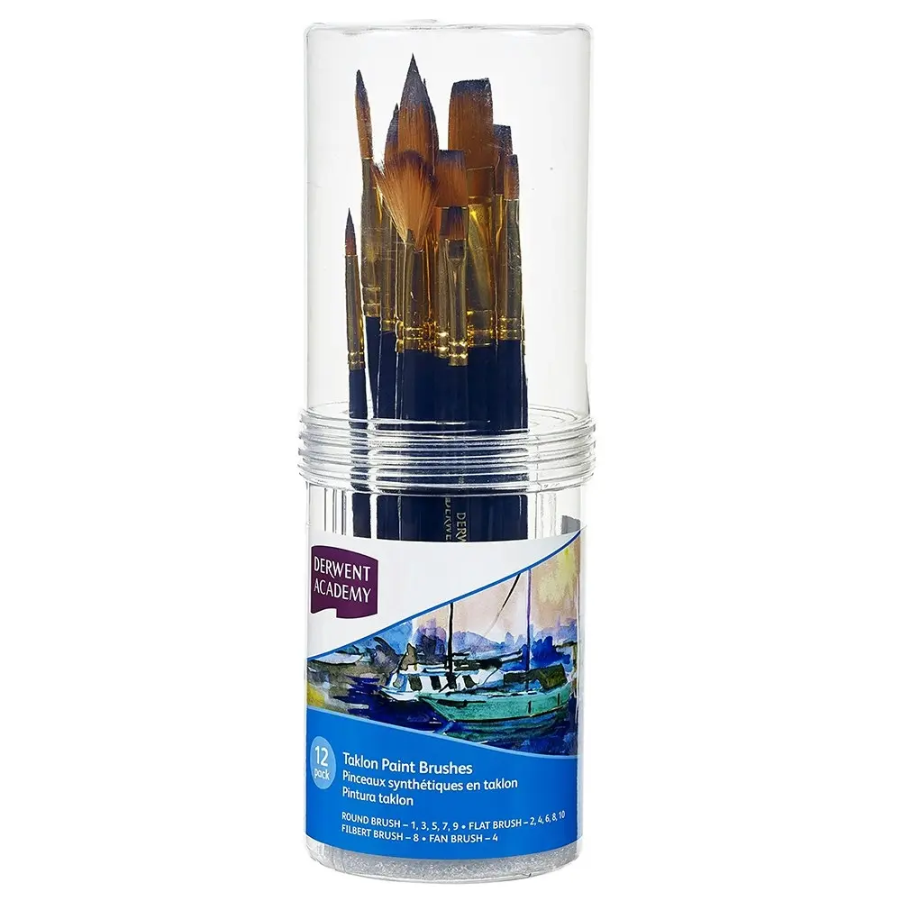 12pc Derwent Academy Synthetic Taklon Small Artist Round/Flat/Filbert Brush Asst - Hobbies