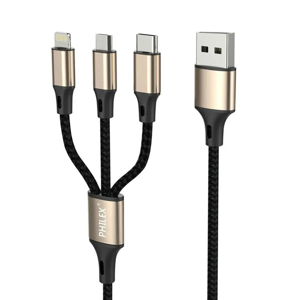 Philex 3In1 1.2m 8 Pin/Micro/USB C Charging Cable for iPhone 11/Samsung GLD - Electronics