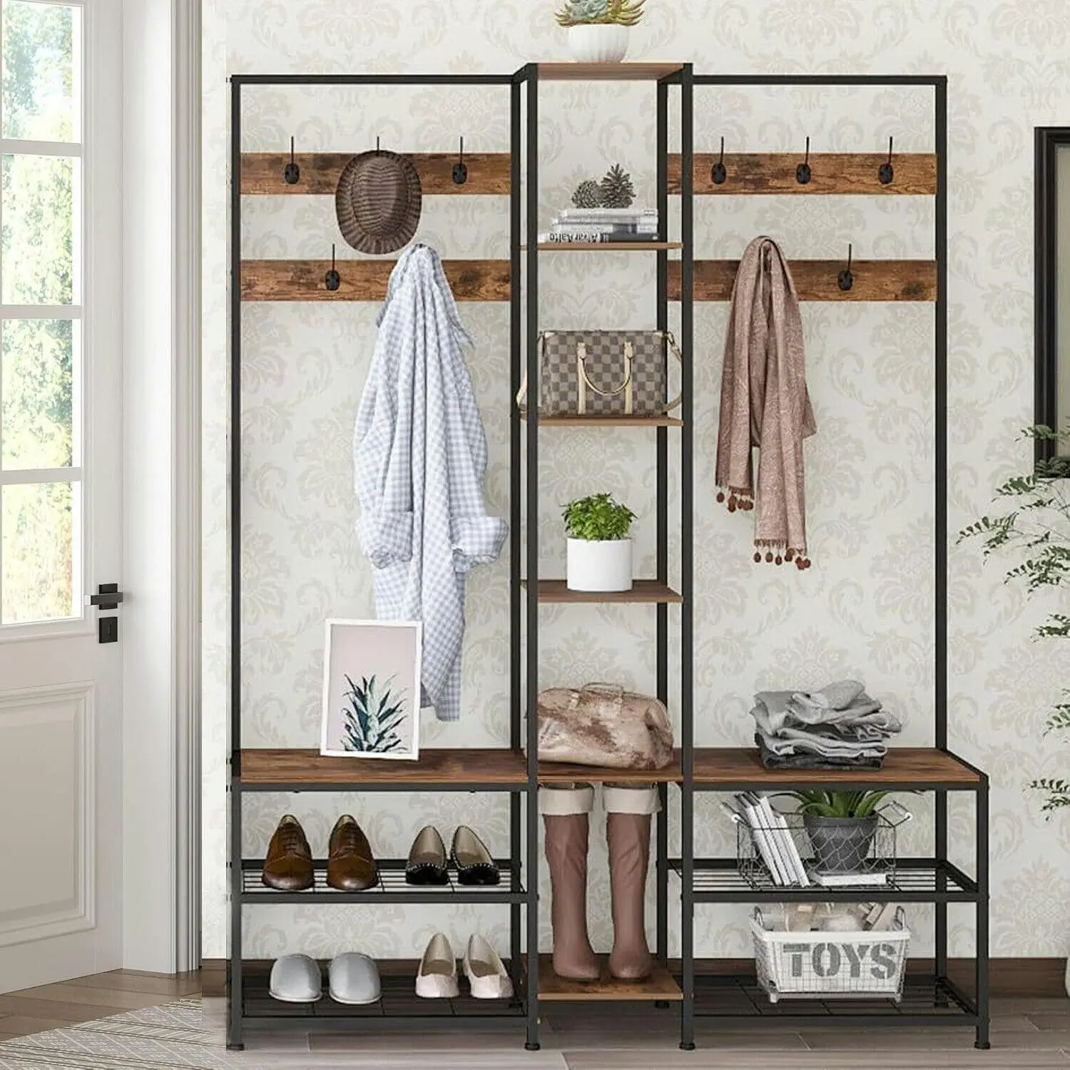 Fin Xxl Coat Rack Shoe Bench Industrial Hall Tree 6 Shelves Bags Storage Open Closet - Home & Garden