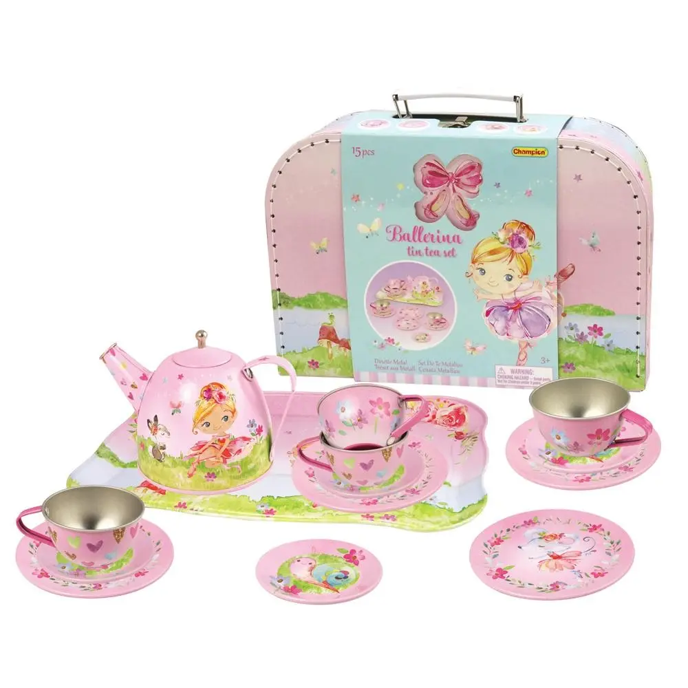 15pc Champion Pretend Play Ballerina Tin Tea Pot Tray Plate Suitcase Set Kids 3+ - Toys & Games