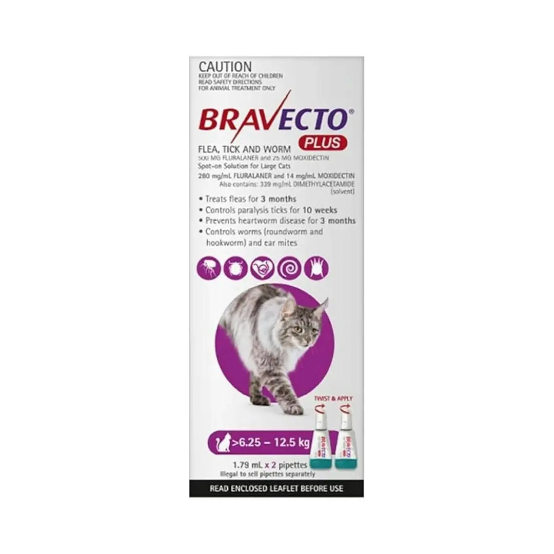 BRAVECTO Plus For Cats 6.25-12.5 Kg (Purple) 2 Pipettes