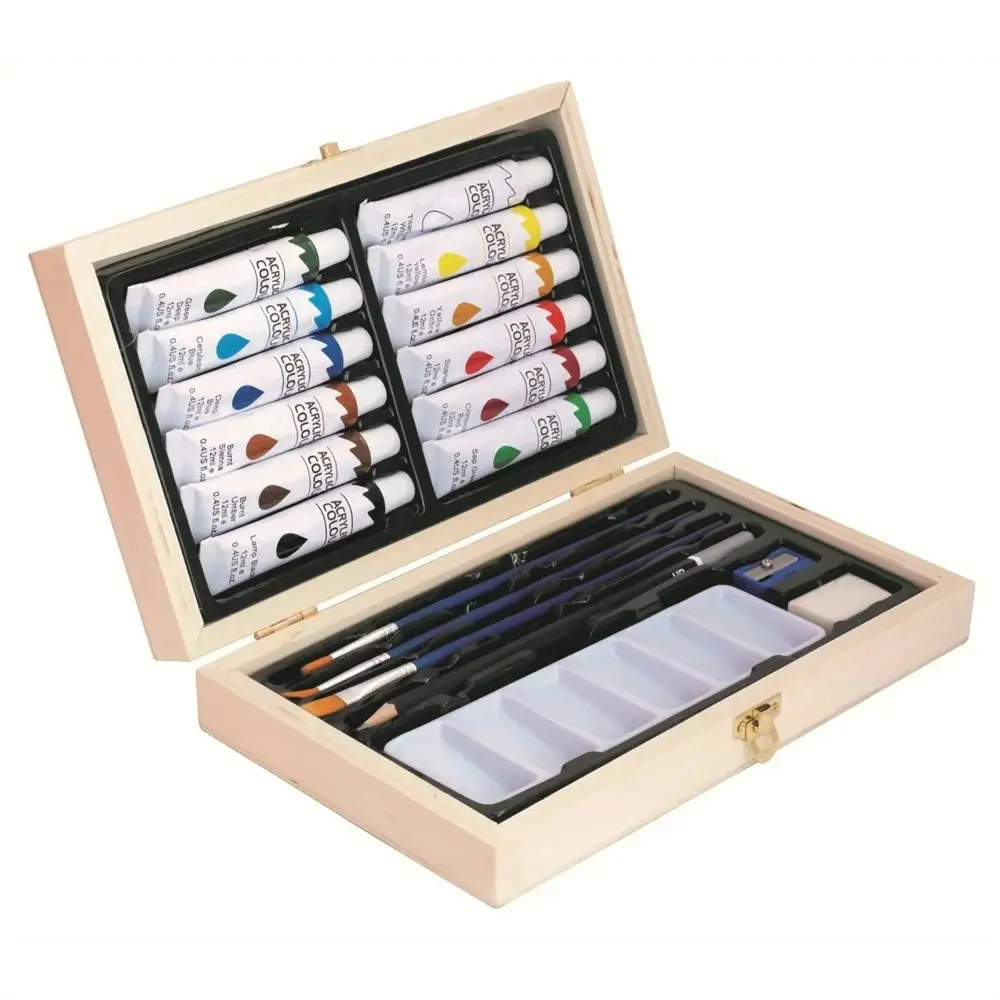 20pc Jasart Acrylic Painting Art/Craft Tubes Set w/ Portable Wooden Box Case - Hobbies