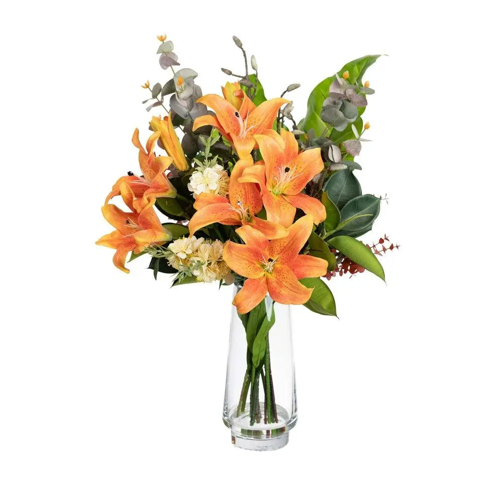 Glamorous Fusion Real Touch Orange Lily 80cm Artificial Faux Plant Flower Decorative Mixed Arrngement In Vase - Home & Garden