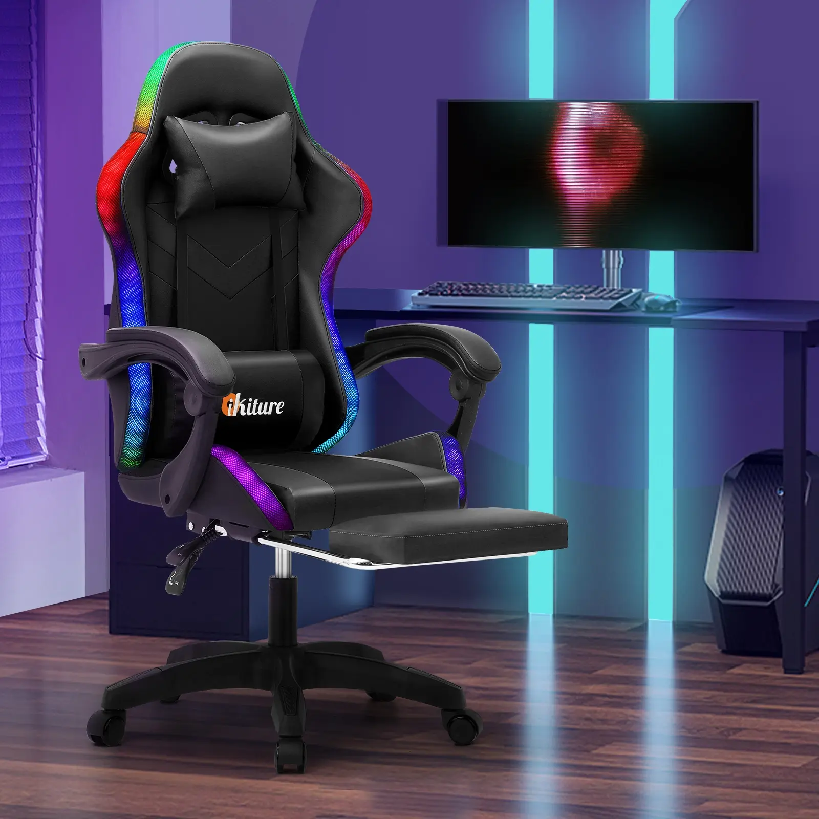Oikiture Gaming Chair Massage Racing RGB LED Recliner Office Leather Footrest - Save up to 70% Off Office Furniture Specials