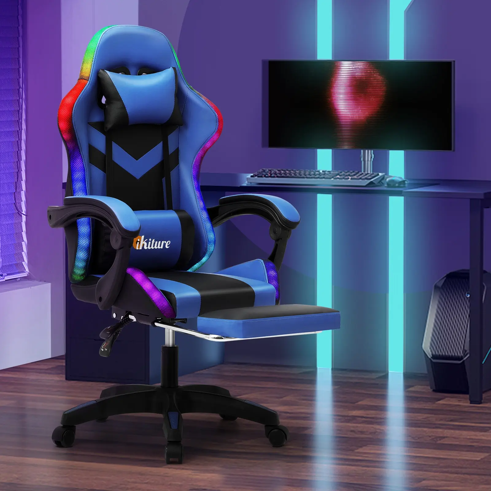 Oikiture Gaming Chair 7 RGB LED Massage Racing Recliner Office Computer Footrest - Furniture
