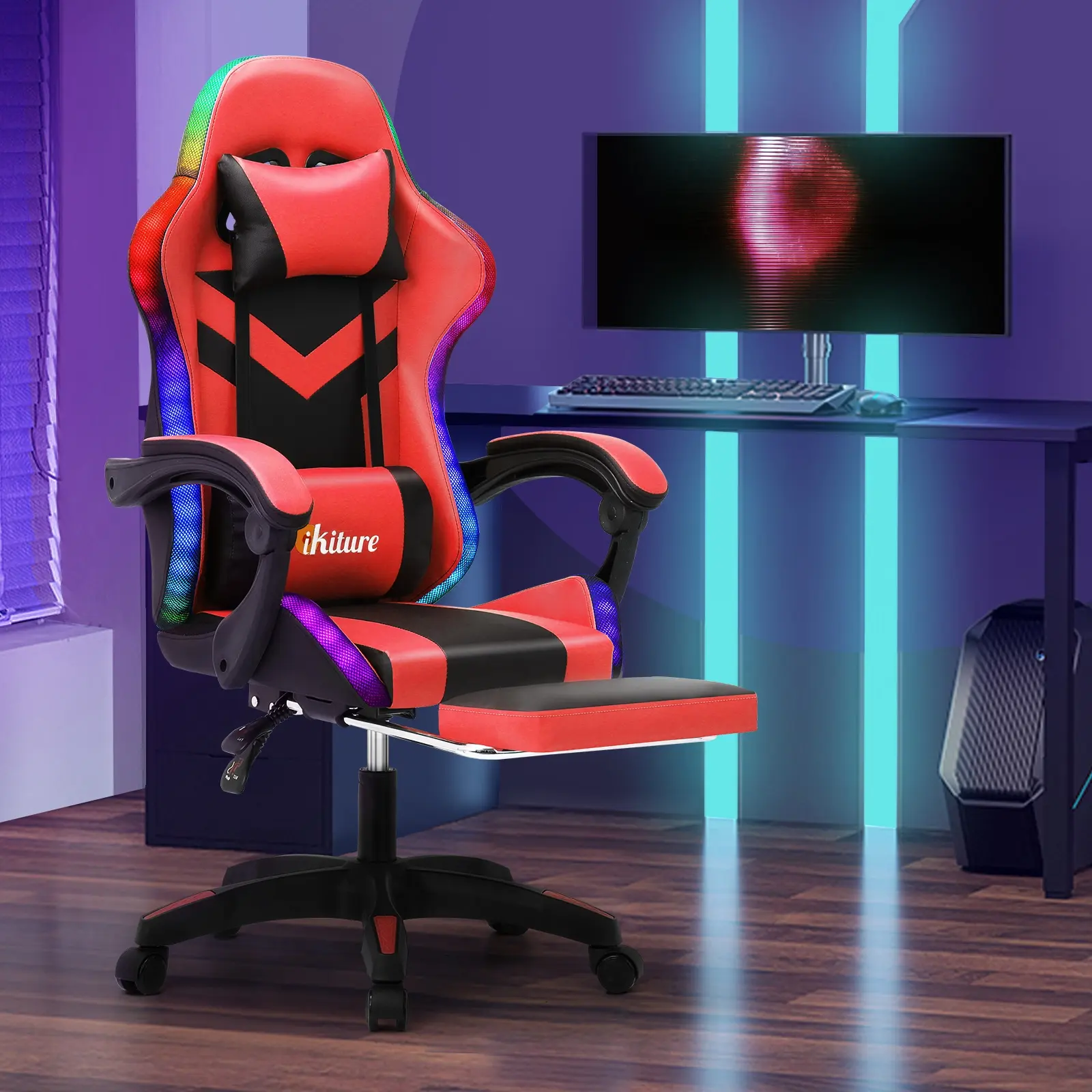 Oikiture Gaming Office Chair Massage Racing 7 RGB LED Computer Work Seat - Furniture