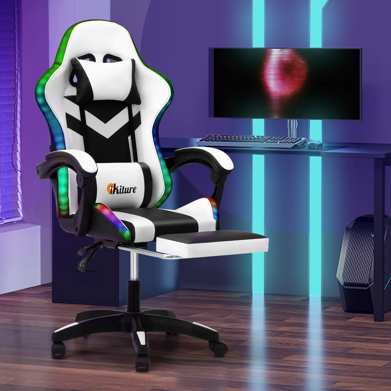 Oikiture Gaming Office Chair Massage Racing RGB LED Recliner Computer Footrest - Furniture